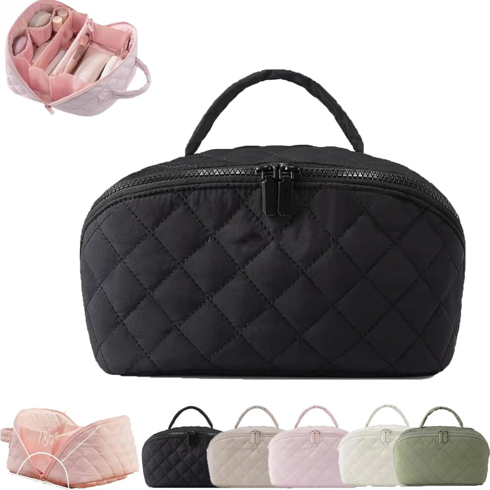 Oimg Black Petitionm Makeup Bag Make Up Bag For Woman 180 Lay-Flat Design Puffy Padded Organizer For Toiletries & Brushes Large Capacity