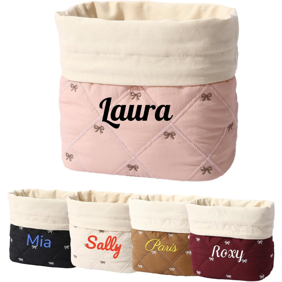 Oimg Pink Hwingo Personalized Drawstring Makeup Bag Personalized Cotton Large Quilted Makeup Bag With Embroidered Name Cute Travel Cosmetic Bag