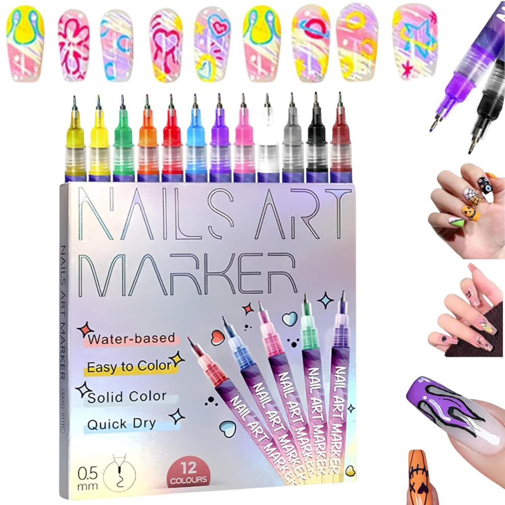 Oimg 12 Colors Nail Art Pens Set Nail Art Markers Polish Pen Diy 3D Nail Polish Pens Quick Dry Dotting Point Liner Pens For Diy Tools