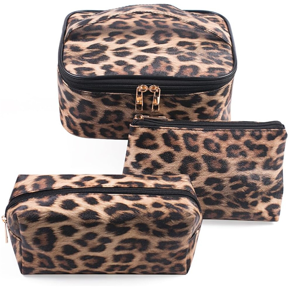 Oimg Dark 3Pcs Leopard Print Makeup Bag Set, Pu Leather Cosmetic Pouch Organizer Large Toiletry Bag With Zipper Closure ( Curry)