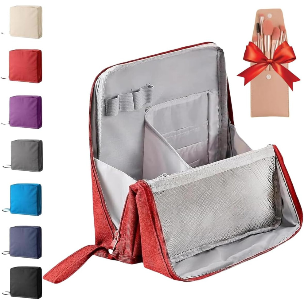 Oimg Red Multi-Purpose Large Capacity Oxford Cloth Standing Makeup Bag, Portable Waterproof Organizer With Compartments For Travel Home Use (Red)