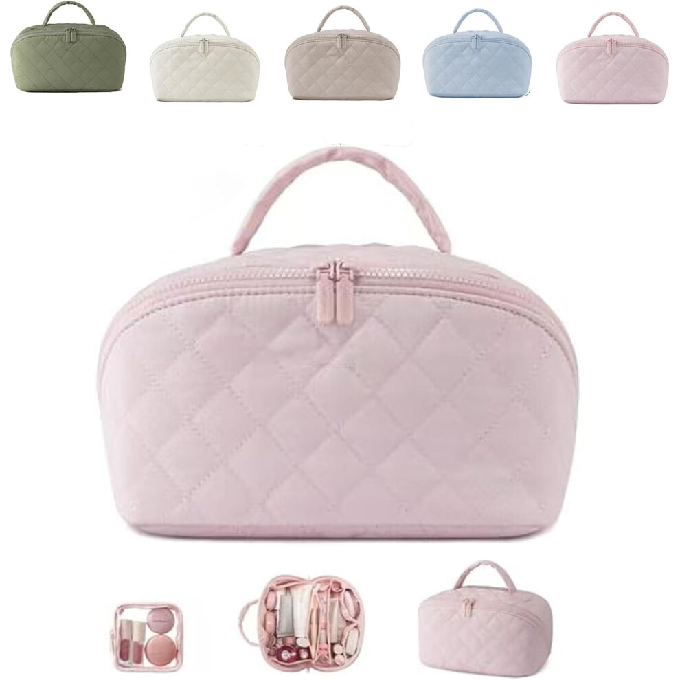 Oimg Pink Petition Makeup Bag For Woman Appraisala Travel Makeup Bag For Woman Open Lay-Flat Water-Resistant Cosmetic Case For Toiletries & Brushes