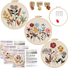 3 Conjuntos Kit de Bordado para Iniciantes, Kits de Bordado à Mão para Adultos com Bastidor, Kit de Projeto de Arte DIY (Flor)