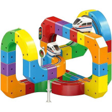 Trem Mágico com Trilhos de Construção em Cubos, USB Recarregável, Conjunto de Brinquedo Elétrico com Placas para Festas de Aniversário (81pcs)