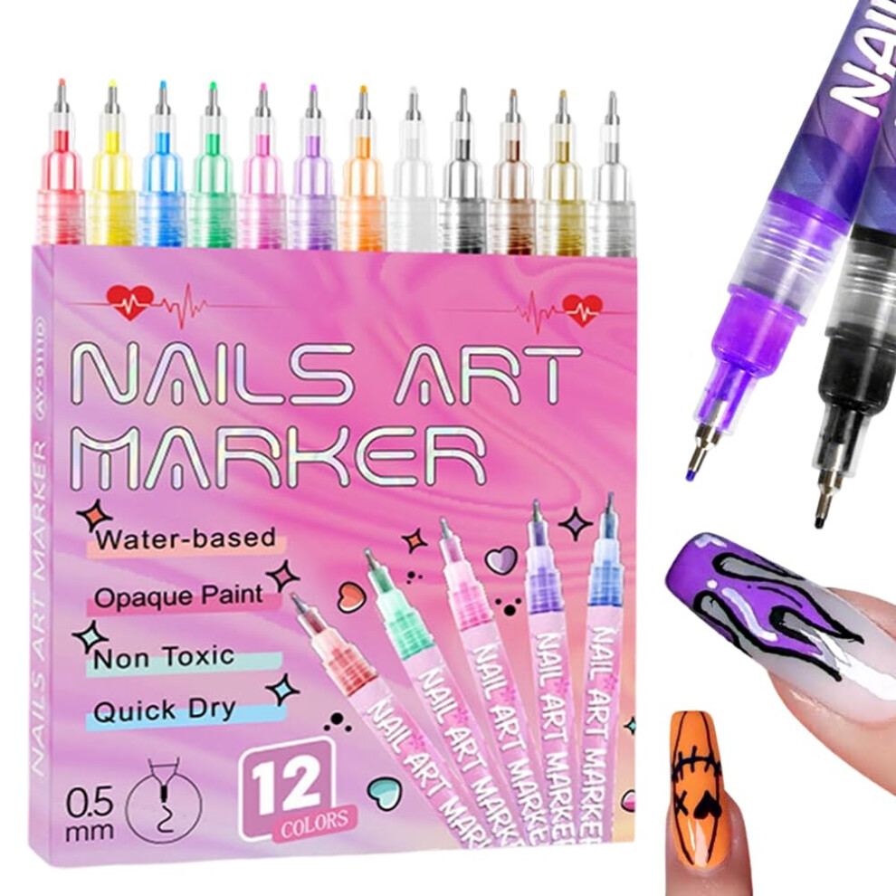 Oimg 12 Colors Nail Art Pens Set For Painting Nails 0.5 Mm Nail Art Markers Fine Tip Polish Pens For 3D Nail Art Nail Design Tools Gel Nails Doodle Pens