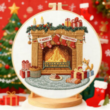 Christmas Fireplace Embroidery Kit for Beginners 29x29cm - Hand Embroidery Set with Hoop Printed Fabric Thread Needle