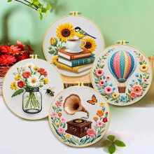 4-Piece Embroidery Kit for Beginners Complete Set - Pre-Printed 29x29cm Cotton Fabric Hoop Threads & Tools 4 Designs