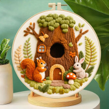 Treehouse Friends Embroidery Kit for Beginners - Complete Set Pre-Printed 29x29cm Cotton Fabric Hoop Threads Tools