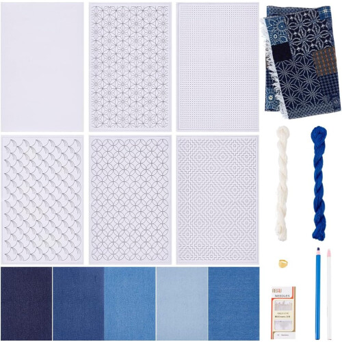 Slow Stitching Sashiko Mending Patchwork Kit for Beginners - with Instruction Sticky Water Soluble Patterns Stabilizer Easy