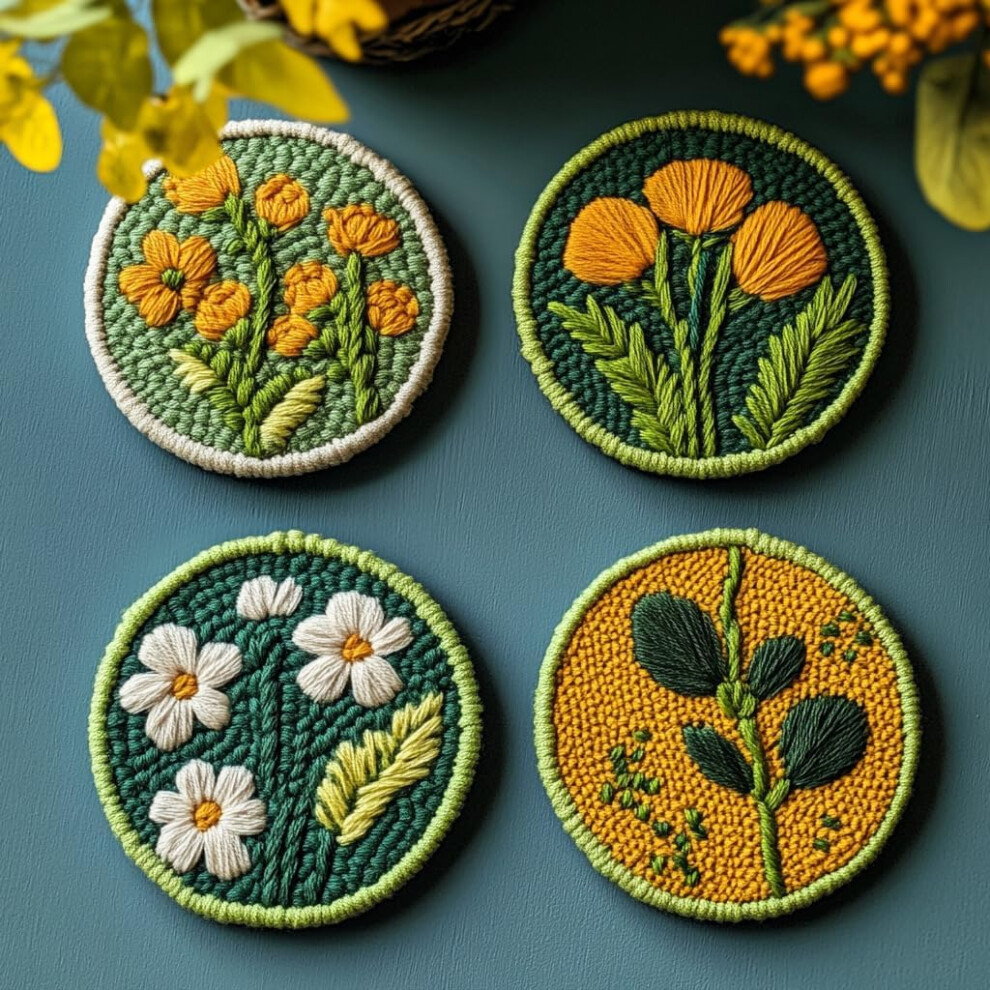 4 Zestawy Diy PodkłAdki Pod Kubki Do Haftu IgłOwego Punch Needle PięKne Urocze Kwiaty łAtwe Dla PocząTkująCych-image