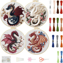 4 Sets 11.6" Embroidery Kit for Beginners Needlepoint - Starter Kit with Dragon Stamped Patterns Instructions Colored Threads