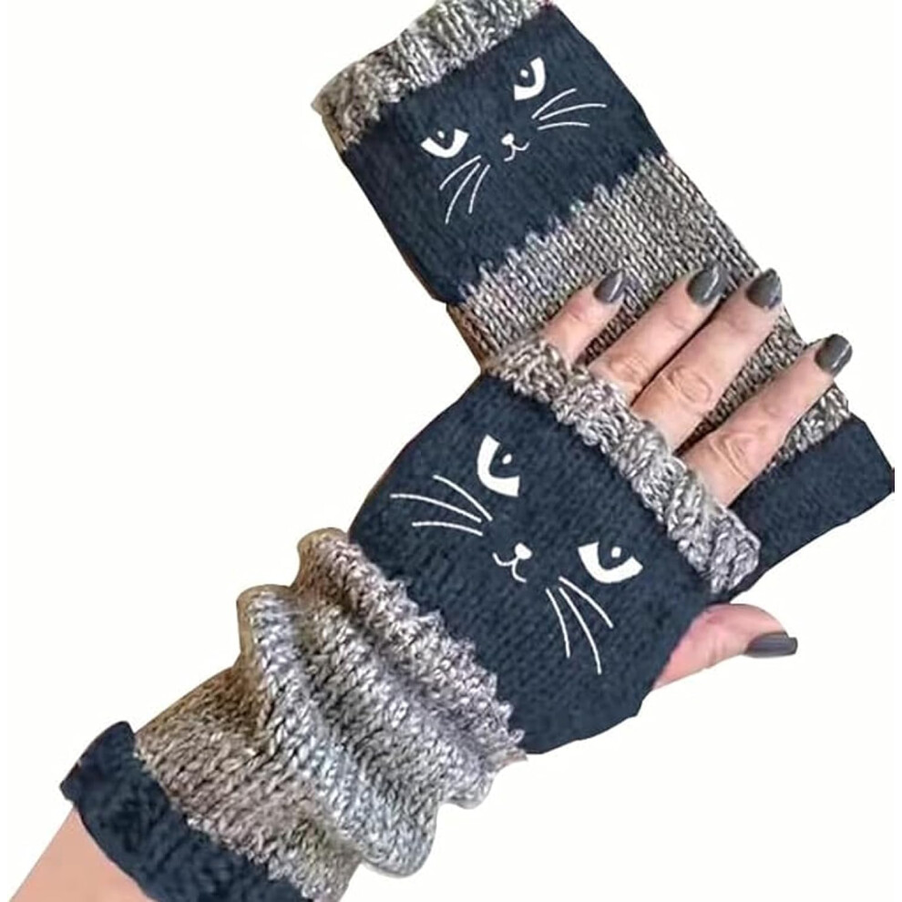 Guanti Senza Dita A Maglia Per Donna Con Ricamo Gatto Carino, Guanti A Maglia Con Giunture E Ricamo, Caldi, Moda