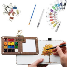 Aquarell Set Mini Reisekit, Holz Wasserfarben Skizzenbuch Set, Mal Kunst Set mit Bildbuch, Taschenformat für Anfänger