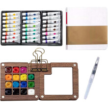 Conjunto de Aquarela em Miniatura para Viagem Novo 2026 - Portátil, com Livro de Imagens, Paleta de Madeira