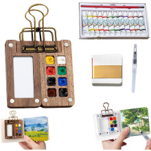 Mini Aquarell Reiseset, Mini Aquarell Set Holz Farbpalette Reisekit mit Farben, Taschen-Aquarellset für Anfänger mit 12/24 Farben
