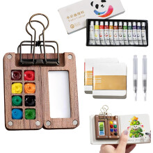 12-Farben Mini Aquarell Set, Mini Wasserfarben Reiseset, tragbare Aquarell Farbpalette mit Maljournal, Pinsel & Clip