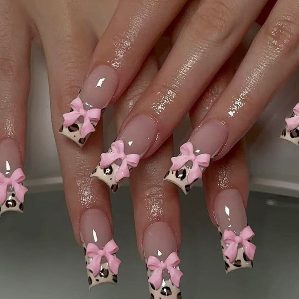 Bowknot Press On Nail French Tip Square False Nail Glues on Nail