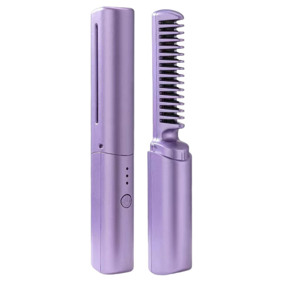Purple Cordless Hair Straightening Brush Portable Rechargeable Styling Comb Wireless Ceramic Heated Frizz Control
