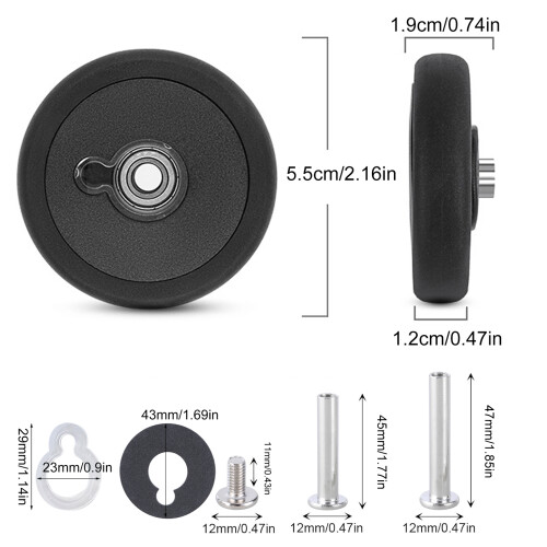 8Pcs Universals Luggage Wheels 55mm Black Suitcase Replacement 2