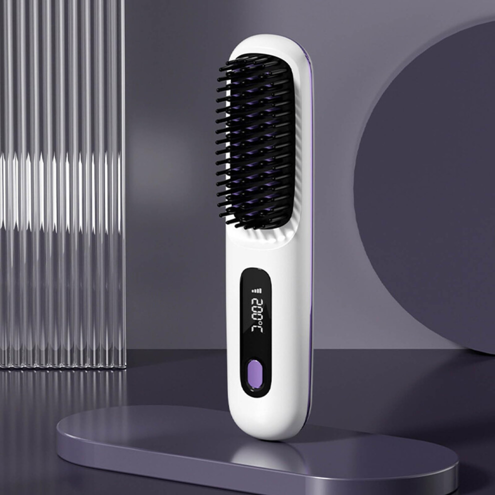 White Cordless Hair Straightener Brush, Rechargeable, Led Display, 2In1 Straightening And Curling, Short And Long Hair