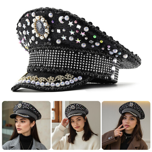 Bride Hat Shimmering Rhinestones Captain Hat Sequins Sailor Hat 1