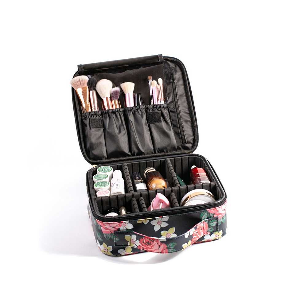 Black Cosmetic Train Case Organizer, Portable Artist Storage With Adjustable Dividers, Travel Makeup Case In Peony For Makeup Brushes And Cosmetics