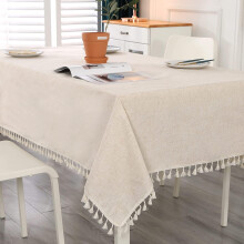 Table Cloth for Rectangular Table, Wrinkle Free Farmhouse Tablecloth Solid Cotton Linen Dust-Proof Shrink-Proof Table Cover, Tassel Edge Design Farmho