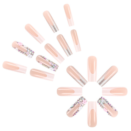 Faux ongles à pointe française blanche luxueuse, bâton brillant
