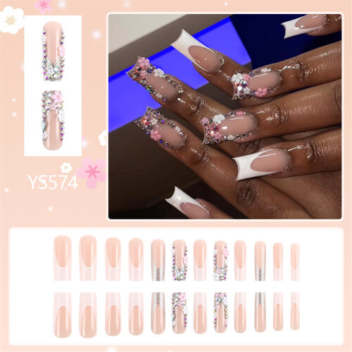 Faux ongles à pointe française blanche luxueuse, bâton brillant 1
