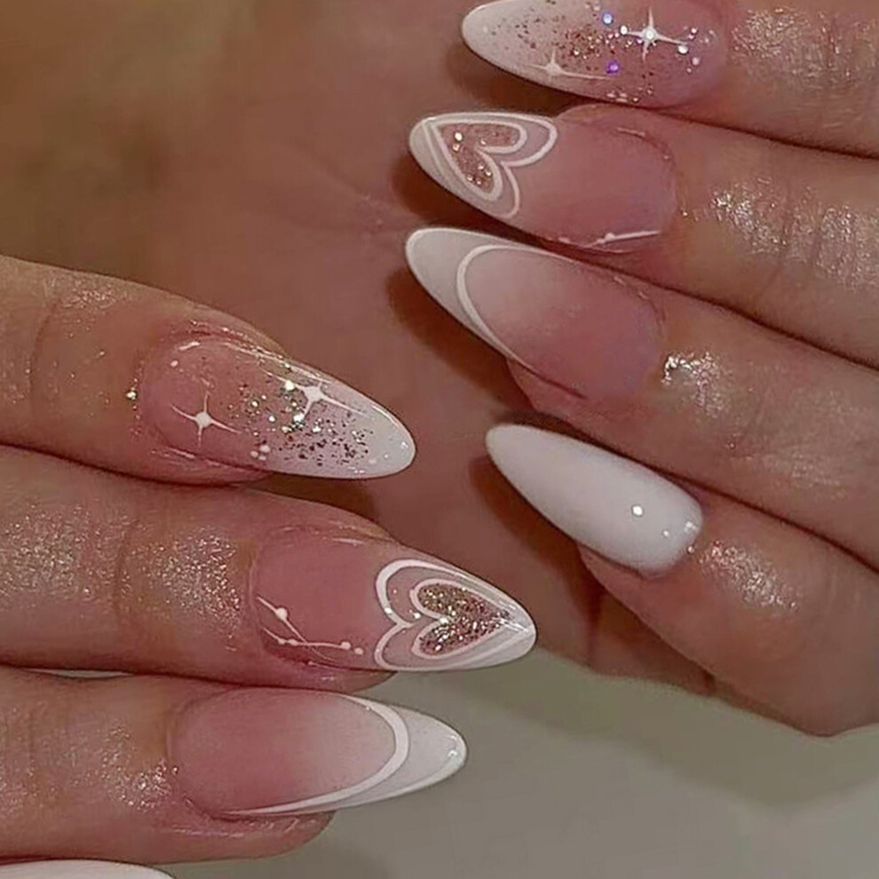 White 24Pcs Almond Shape Press On Nail French Ombres Gradient Glitters