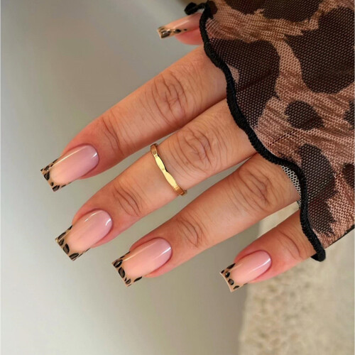 24 Stück Leopard French Tip Press On Nail Short Square Style 2