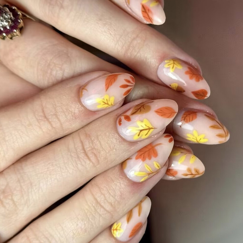 24Pcs Maple Leaf Desings Halloween Stick on Nail Thanksgiving