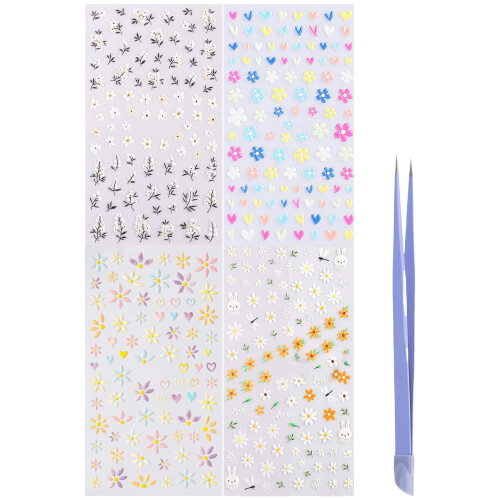 4 Sheets 5D Flower Nail Stickers Nails Decorations Flower Nails