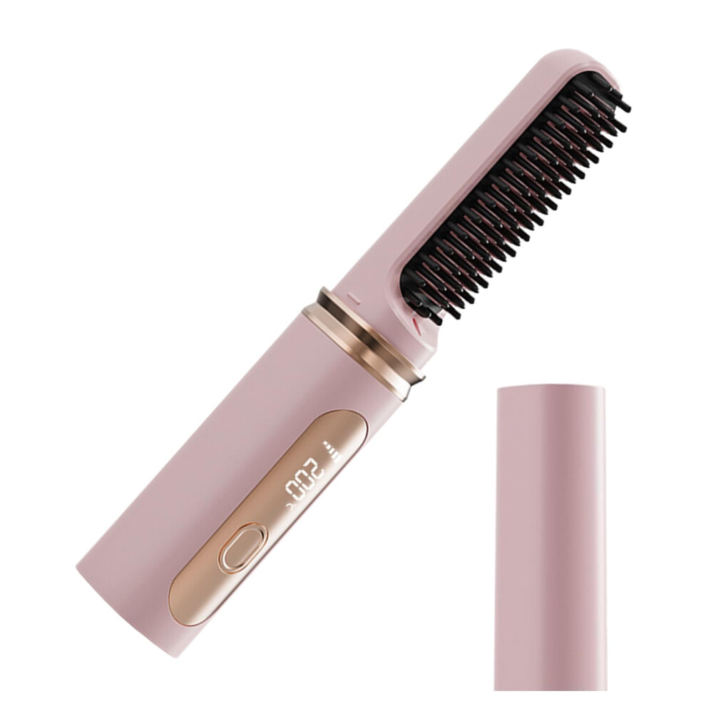 Pink Straightening Brush Cordless Rechargeable, Wireless Curling Brush, Adjustable Temperature, Low Heat Damage, Travel