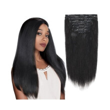 Hair Extensions ClipIn Real Human Hair Kinky Straight Yaki Double Weft Natural Black 20Inch 7 Pcs 120g