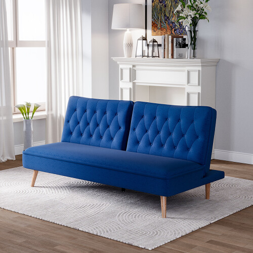Living And Home Blue Upholstered Convertible Sofa Bed with Wood Leg 1