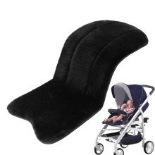 Stroller Cushion Pad 76x37cm Black Faux Sheepskin Pram Liner, Breathable Pushchair Seat Pad, Adjustable Baby Seat