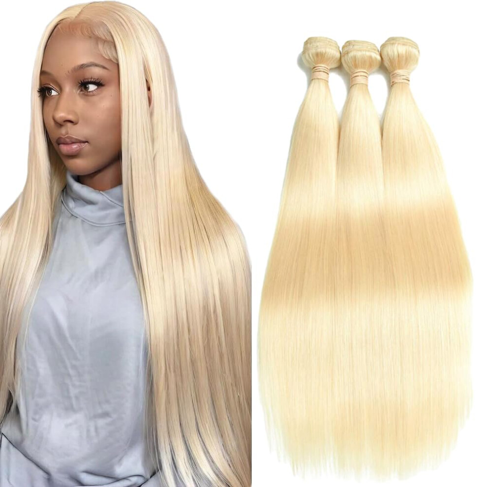 Unisex Light #613 Blonde Human Hair Bundles Straight Weave, 3 Bundles, 300G Virgin, Glueless Double Weft, 26/28/30 Inch