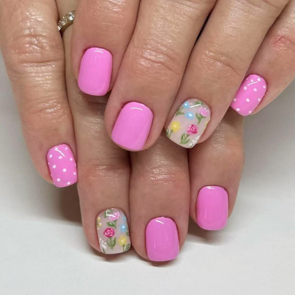 Pack of 24 Plastic Press on Nail French Dotted Floral Design