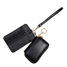 Keychain Wallet Card Holder Mini Zip Around Duals Pouch-Black