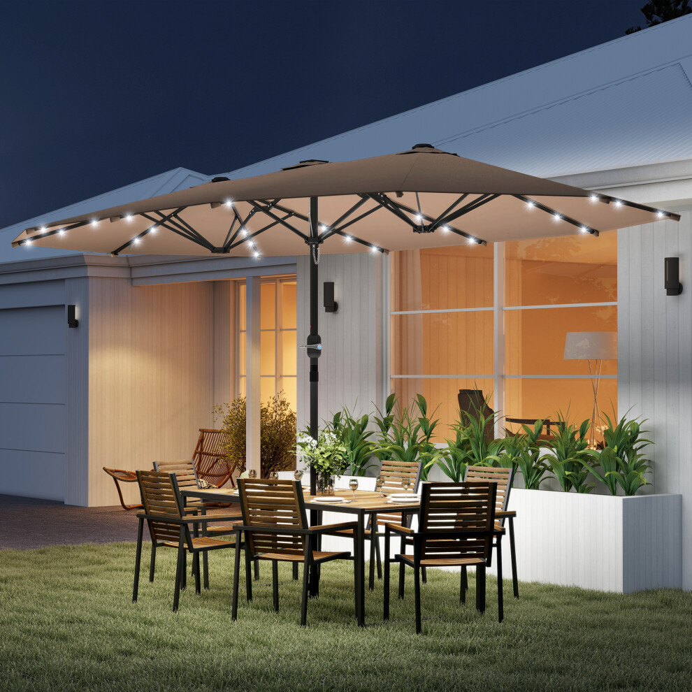 Outsunny 4.4M Double-Sided Sun Umbrella Patio Parasol Solar Lights Khaki