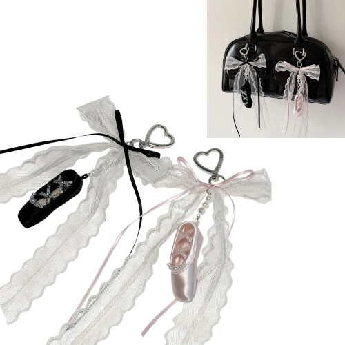 Einzigartiger Perlen-Spitzen-Bowknoten-Taschenanhänger-Schwarz 2