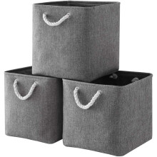 Modern Stylish Design Storage Cube Bins, Linen Fabric with Cotton Rope Handles for Closet Organization (Set of 3, Grey)