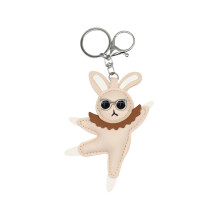 Whimsical Dancing Rabbit Keychain Fashionable Leather-White