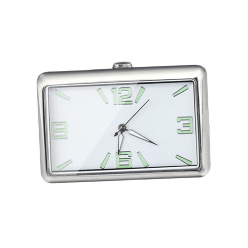 Luminous Car Dashboard Clock with SelfAdhesive Mount, Mini Quartz Analog, Silver Rectangular