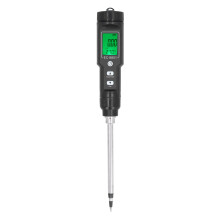 Medidor de pH, EC e temperatura 3 em 1, com sonda de aço inoxidável para análises abrangentes em ambientes agrícolas e laboratoriais.