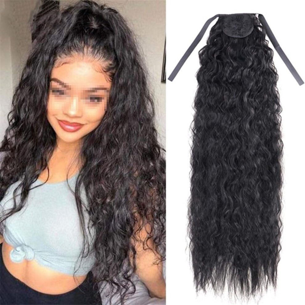 Unisex Black Long Corn Wavy Ponytail Synthetic Hair 32Inch Clipin Ponytail Extensions Natural Curly Hairpiece