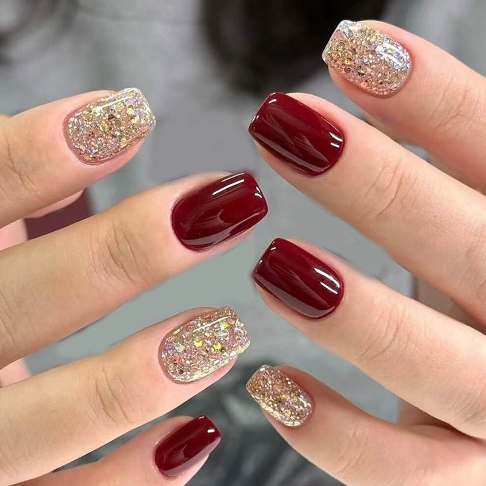 24pcs Glossy Red Glitters Press On Nail Short Square Styles