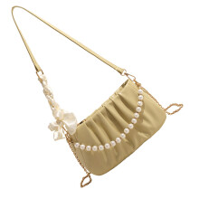 Women Shoulder Bag with Pearl Chain PU Leather Crossbody-Green
