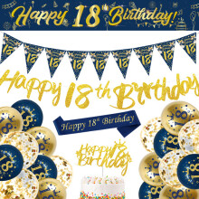 Maisiúcháin 18ú Breithlá Gorm Óir, Meirge Breithlá Sona 18ú, Meirge 18ú Breithlá, Balúin 18ú Breithlá, Balúin Confetti, Maisiúcháin